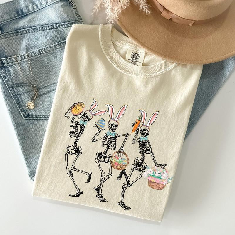 Dancing Easter Skeleton, Rabbit, Bunnies Comfort Colors Tshirt, Women's Crew Neck, Crewneck