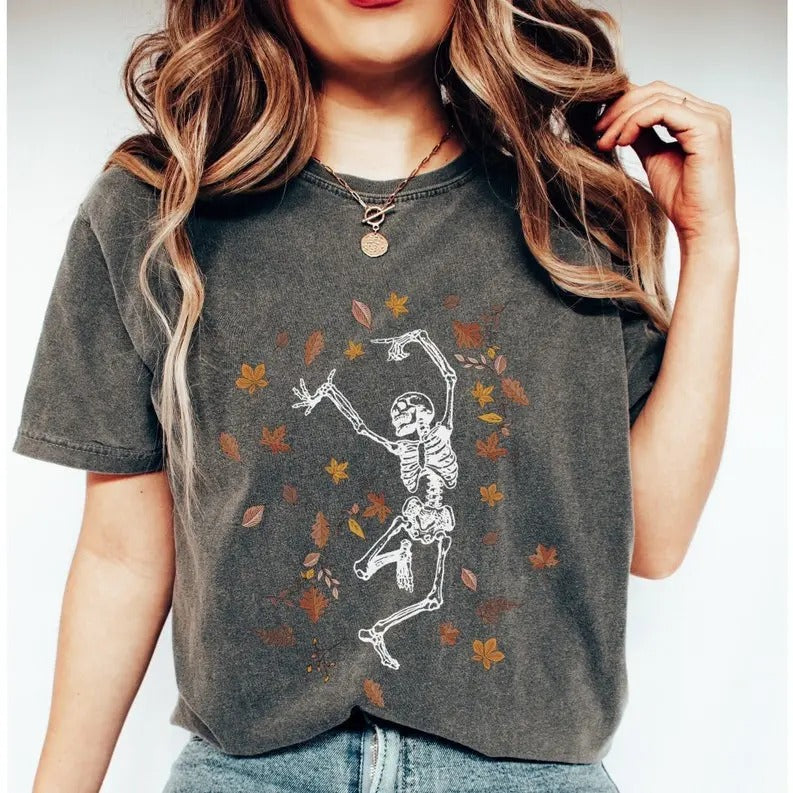 Dancing Skeleton Shirt, Halloween tee, Halloween T-shirt, Fall comfort colors shirt, skeleton leaves t-shirt Cotton Crewneck Shortsleeve Unisex