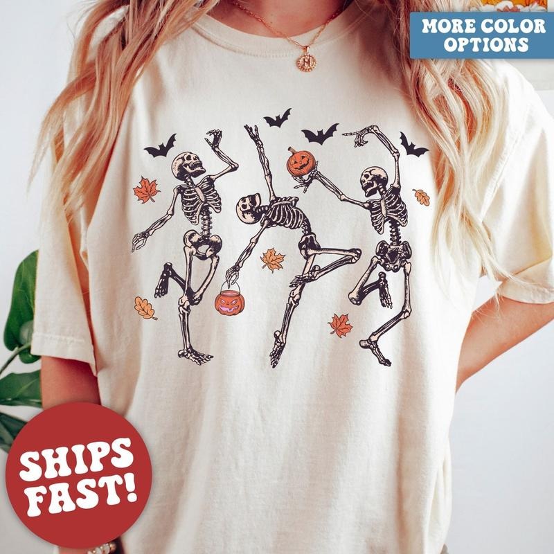 Dancing Skeleton Shirt, Halloween Shirt, Halloween Costume, Pumpkin Shirt, Retro Halloween Shirt Summer Casual