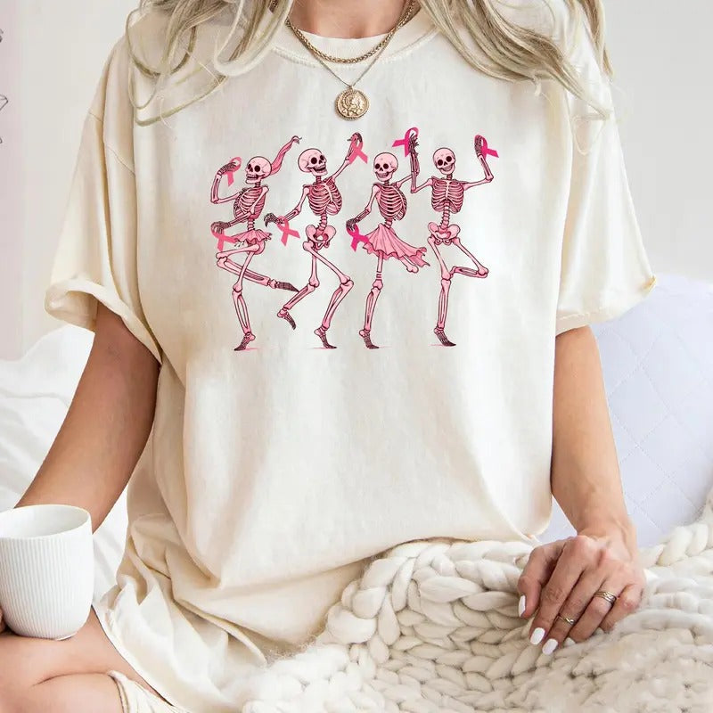 Dancing Skeletons Br3ast Cancer Shirt, Skeletons Pink Ribbon Tee, Br3ast Canc3r Halloween Shirt, Unisex Short Sleeve Tee, Fit Womenswear