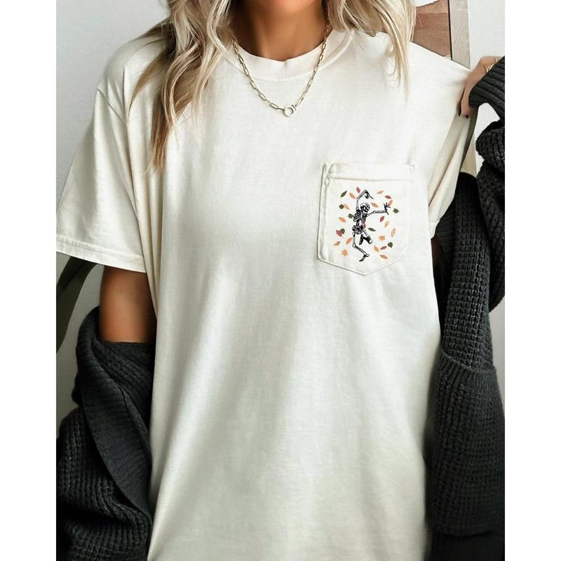 Dancing Skeletons, Leaves, Halloween Pocket Tee, Women's, Comfort Colors Tee, Spooky, Tshirt, Witch, Pumpkin, Ghost, Skeleton
