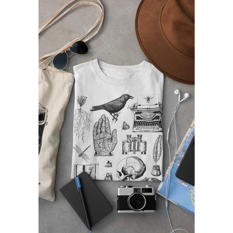 Dark Academia Aesthetic T-shirt , Gothic Witchy Shirt , Pagan Clothing, Victorian Line Art Tshirt , Skull Raven fairygrunge whimsigoth