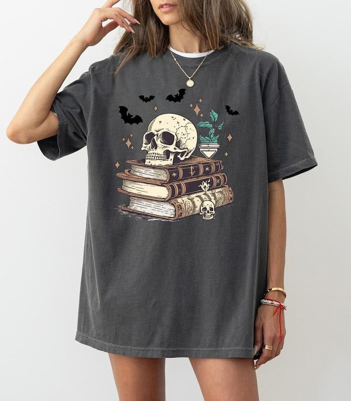 Dark Romance T-Shirt, Books Skull , Book Lover Skeleton Shirt, Skull Book Shirt, Halloween gift for Teacher, Librarian Gift- Gift for Bookish Her Classic Cotton Short Sleeve T-Shirt