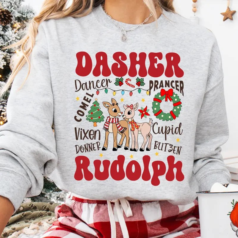 Dasher Dancer Prancer Rudolph the Red-nosed Reindeer Christmas Shirt,Christmas Frosty's Snowflake Hoodie, Snowman Christmas Shirt, Rudolph family Christmas Reindeer Sweatshirt, Christmas 90s Movies Lovers TShirt, Merry Christmas Gift