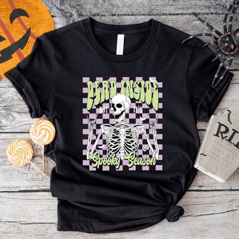 Dead Inside But It's Spooky Season T-Shirt, Trendy Halloween Party Shirt, Unisex Sarcastic Skeleton Gift Tee, Retro Fall Tee. halloween apparel