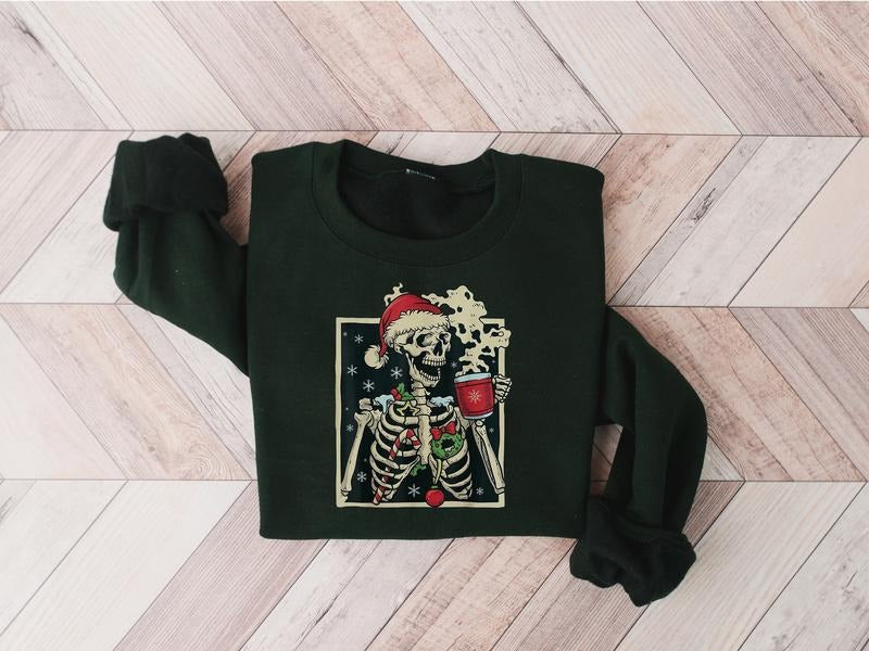 Dead Inside Skeleton Christmas Sweatshirt Sarcastic Christmas Coffee Shirt Merry Christmas Shirt Coffee Lover Christmas Gift Fall Sweater Cotton Menswear Hoodie Polyester