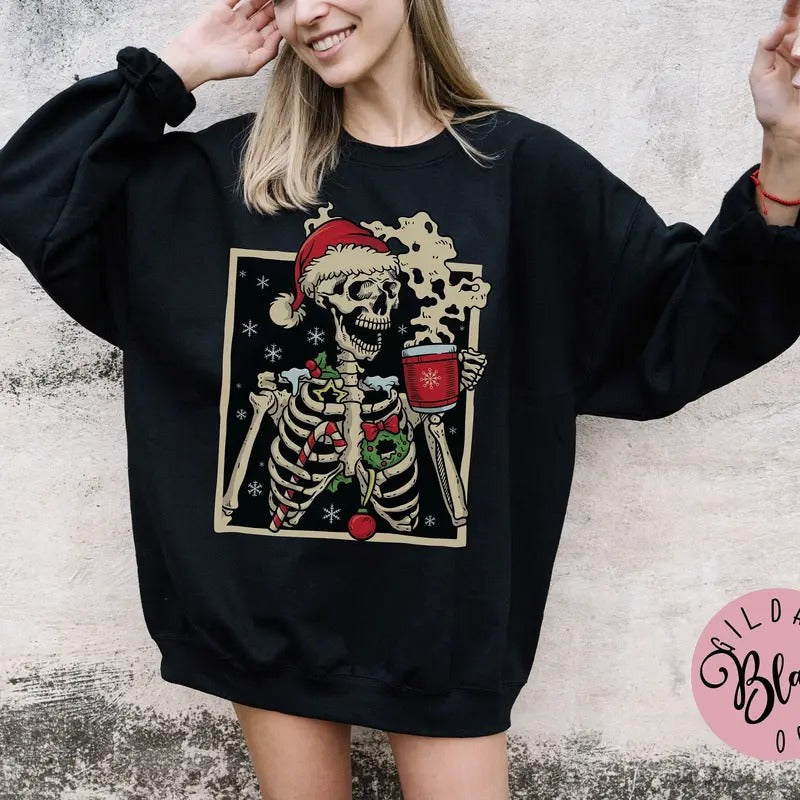 Dead Inside Skeleton Christmas Sweatshirt, Coffee Lover Christmas Gift, Sarcastic Christmas Coffee Shirt, Merry Christmas Hoodie Cotton Fabric