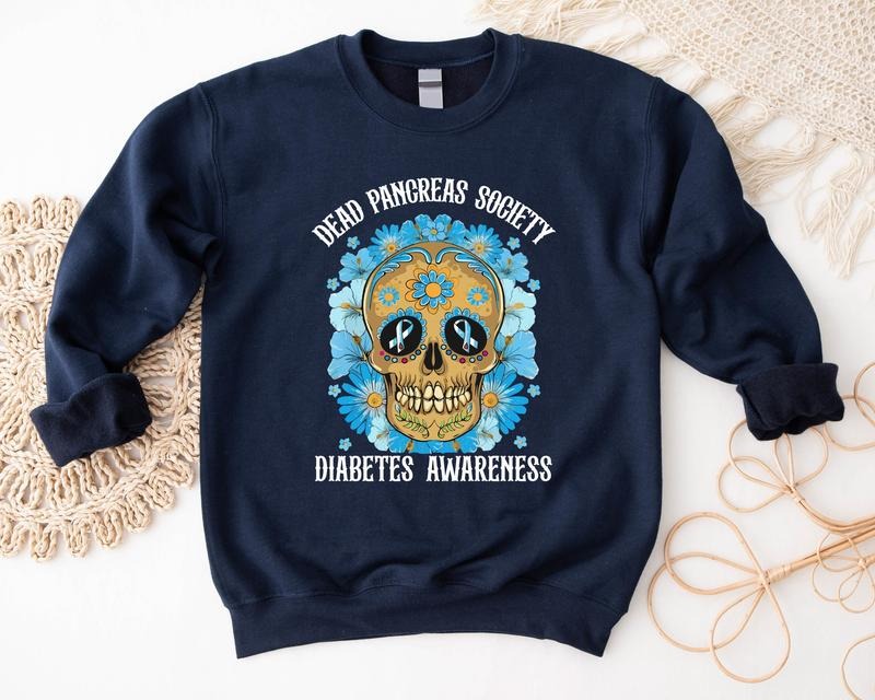 Dead Pancreas Society Sweatshirt, Diabetes Awareness Hoodie, Floral Skull Diabetic Gift Sweater, Matching Pancreas Warriors, Blue Ribbon Support Hoodie.