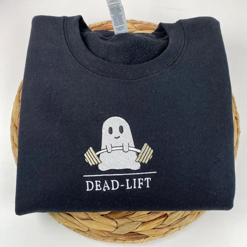 Deadlift Ghost Embroidered Sweatshirt - Cute Ghost Dead Lift Sweatshirt -Embroidered Sweatshirt