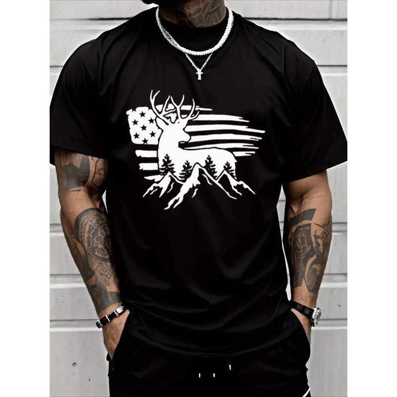 Deer Print Men's Graphic Design Crew Neck T Shirt Casual Cotton T Shirt Made in USA