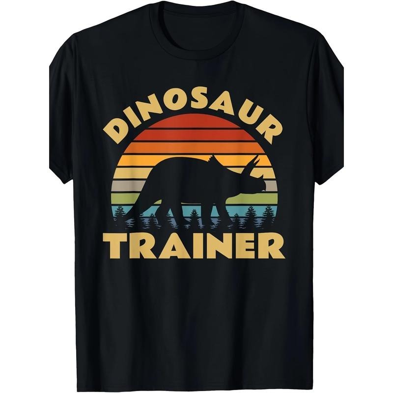 Dinosaur Trainer Sunset Graphic T-Shirt for Men - 100% Cotton Crew Neck, Short Sleeve, Regular Fit, All-Season Knit Fabric Tee with Medium Stretch, Geometric Pattern, Digital Direct Injection - Casual & Daily Wear Made in USA