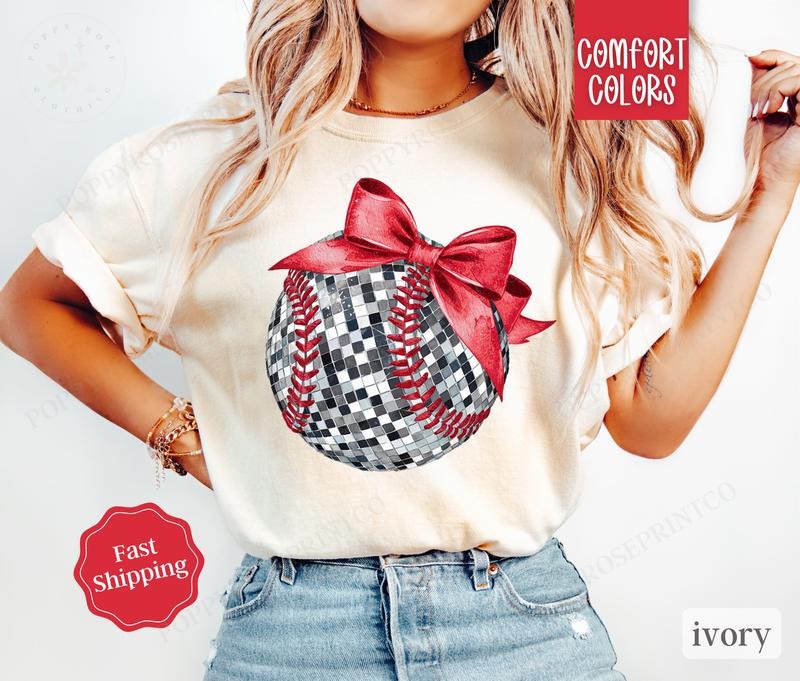 Disco Baseball Bow Shirt Comfort Colors, Womens Baseball Tee, Womenswear Oversized Crewneck, Coquette Clothing
