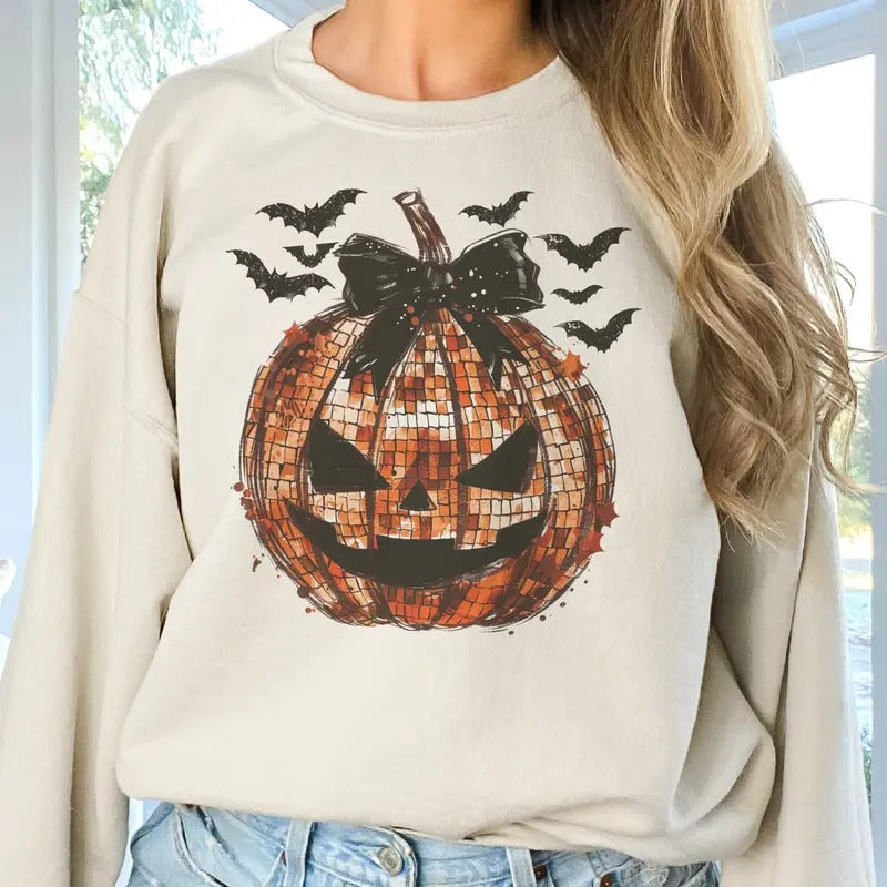 Disco Pumpkin Jack O Lantern Sweatshirt Halloween Pumpkin Pullover Disco Pumpkin Halloween Sweatshirt Coquette Jack O Lantern Pullover Womens Girly Halloween Sweatshirt
