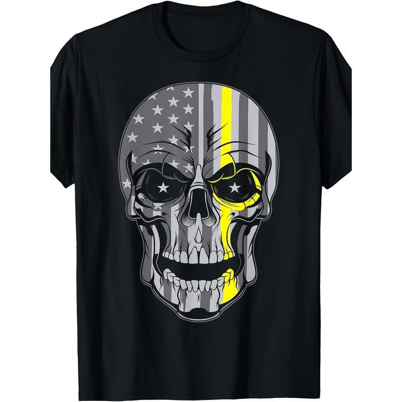 Dispatcher Thin Yellow Line American Flag Skull Gift Printed T-shirt Comfortable Breathable, Soft, Casual Short Sleeve, Daily Wear, All Season, Black Men Made in USA