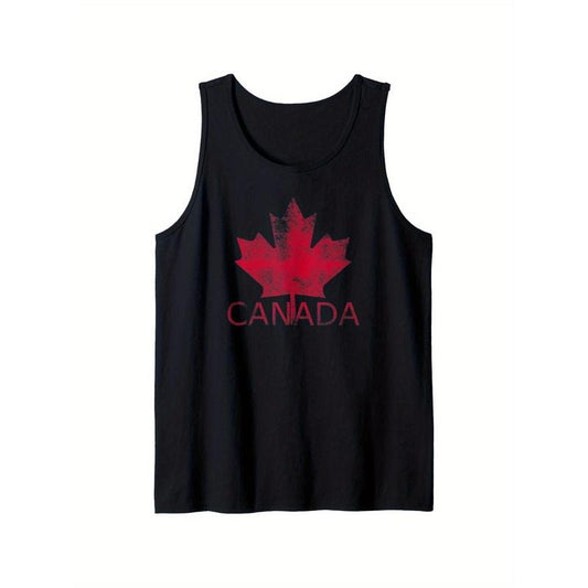 Distressed Canada Flag Maple Leaf In Red Tank Top, 100% Cotton, Single-Side Printed Black Sleeveless Tank Top, Happy Easter Gift for Family Friends, S-XXXL, 1pc, Fabric Weight 180g
