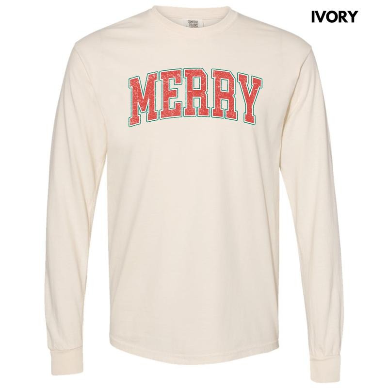 Distressed Varsity Merry Long Sleeve Comfort Colors T-Shirt 'NLB'