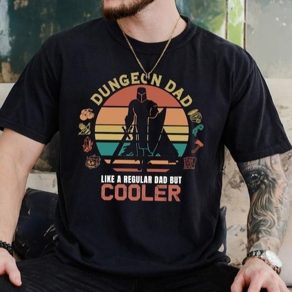 DnD Dungeon Dad Shirt, Dungeon Dad Like A Regular Dad But Cooler shirt, Fun TTRPG D&D Fathers Day, Birthday or Gift for him, Retro Sunset Color Variant, Dungeons and Dragons Clothing for Him