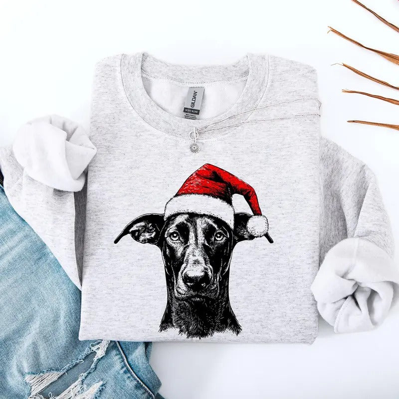 Doberman, Santa, Dog, Christmas, Dog Lover, Pet Sweatshirt, Crew Neck, Women's, Crewneck