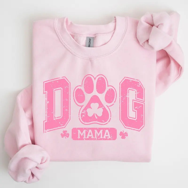 Dog Mama, Pink, Lucky, Shamrock, Lucky Charm, Irish, Retro, St Patrick's Day Sweatshirt, Crew Neck, Women's, Crewneck