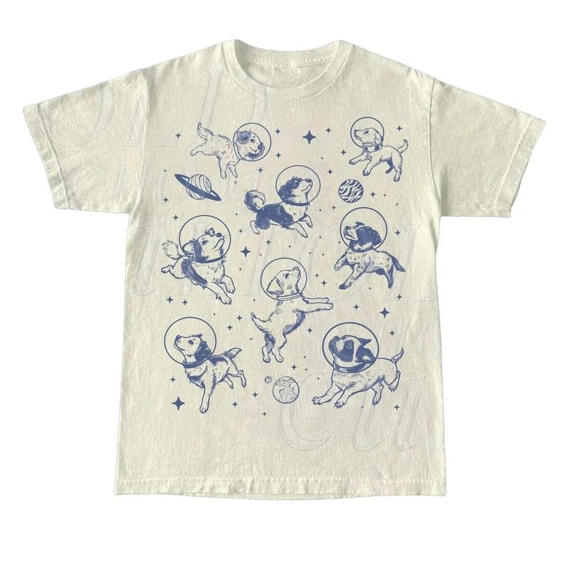 Dogs In Space Retro T-Shirt, Funny Galaxy Graphic T-shirt, Dog Moon 90s Shirt, Vintage Animal Gag Unisex Tee, Dog Lovers Gifts