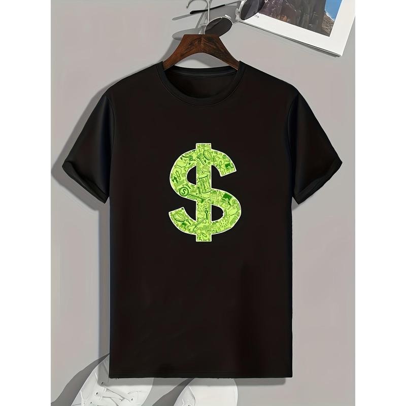Dollar Symbol Print, Men's Graphic T-shirt, Casual Comfy Tees For Summer, Men's Clothing made in usa