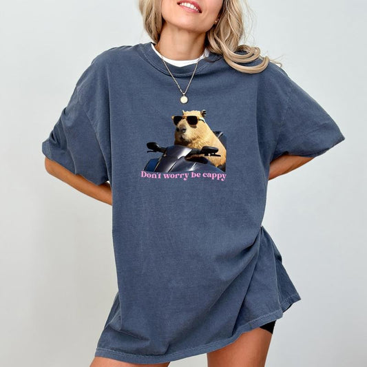 Don't Worry Be Cappy Shirt, Funny Capybara Graphic Tee Women, Happy Quotes Printed T-shirt, Cotton Fabric Outfit, Minimalist Capybara Comfort Shirt Casual Style, Gift For Her, Casual Short Sleeve Shirt For Women, Cotton Fabric Unisex Tee