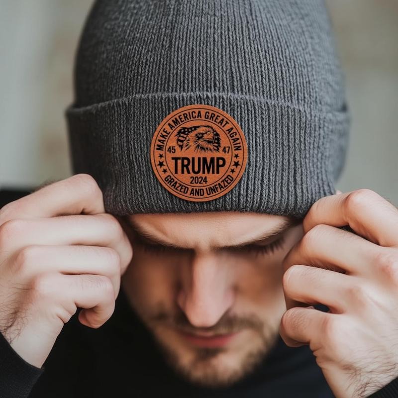 Donald Trump Beanie With Leather Patch, Trump 45 47 President Winter Hat, Gift for Trump Supporters, Presidential Election 2024
