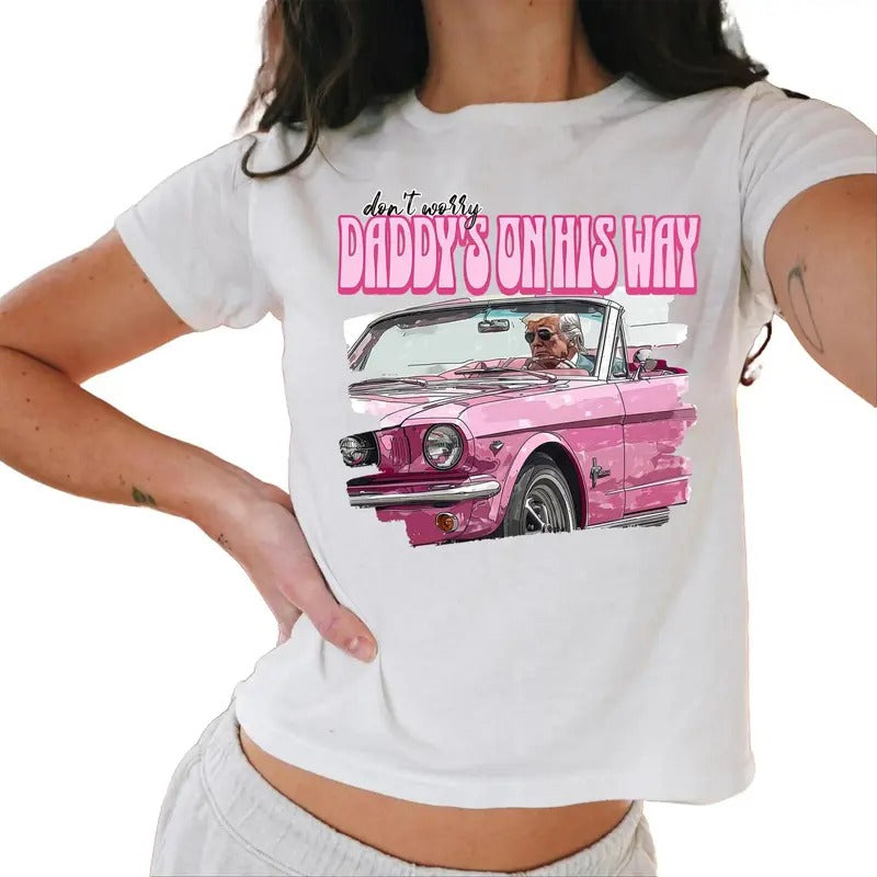 Dont Worry Daddy'S On His Way Baby Tee, Trump 2024 Baby Tee, Republican Baby Tees Black Casual Comfort