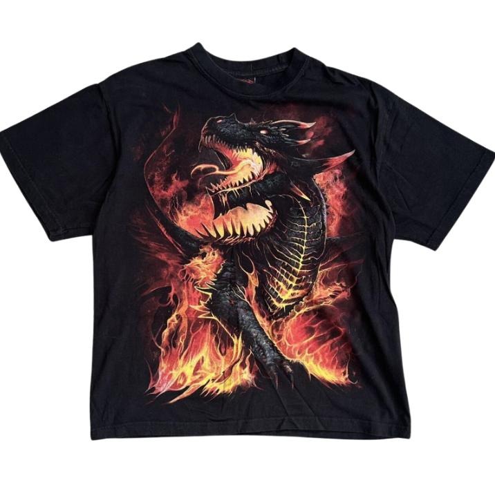 Dragon Fire Black T-Shirt, Vintage Graphic Tees Gothic Biker Grunge Y2k Emo Scene Amity Affliction Style Clothes Men Women Streetwear