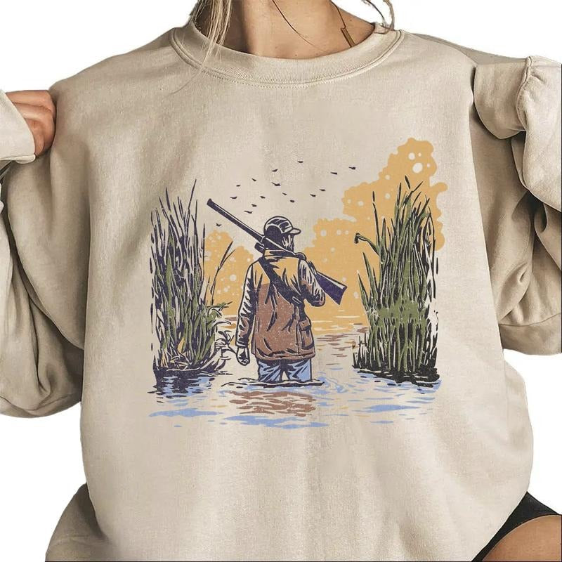 Duck Hunting Sweatshirt Waterfowl Hunter Outdoorsman Hunting Season for T-Shirts, Camo Gunman, Sunset Marsh Hunter Unisex Cotton Pullover Womenswear