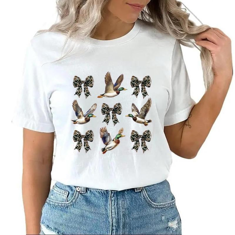 Duck and Camo Bow T-Shirt, Mallard Hunting Tee, Duck Hunter Shirt, Waterfowl Camouflage Bow, Hunting Season Duck Lover Tee, Outdoor Camo Bow Hoodie Cotton Womenswear