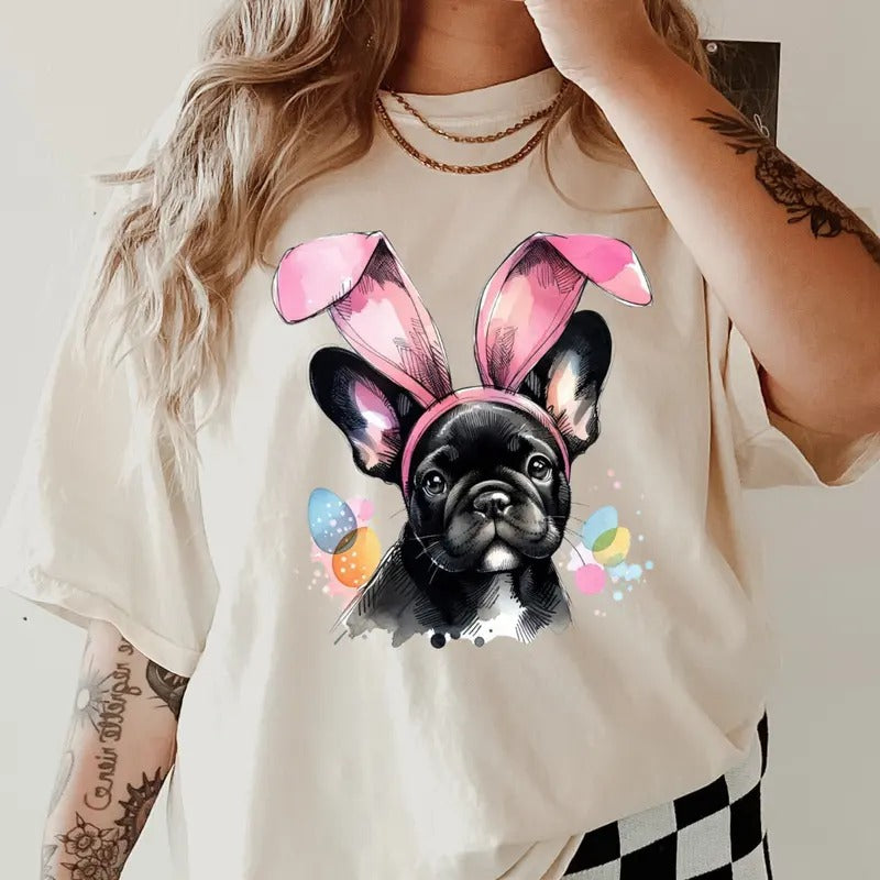 Easter Black French Bulldog Shirt ~ Unisex Apparel Relaxed Fit Printed In The USA Clothing Womenswear Casual Comfort Cotton Top Athletic Boho Chic
