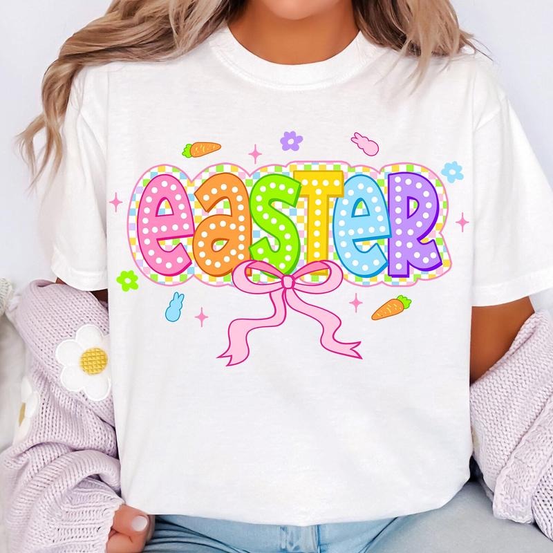 Easter Checkered Coquette T-Shirt, Easter T-Shirt, Easter Bow T-Shirt, Retro Easter Kids T-Shirt, Girls Easter T-Shirt, Preppy Easter T-Shirt