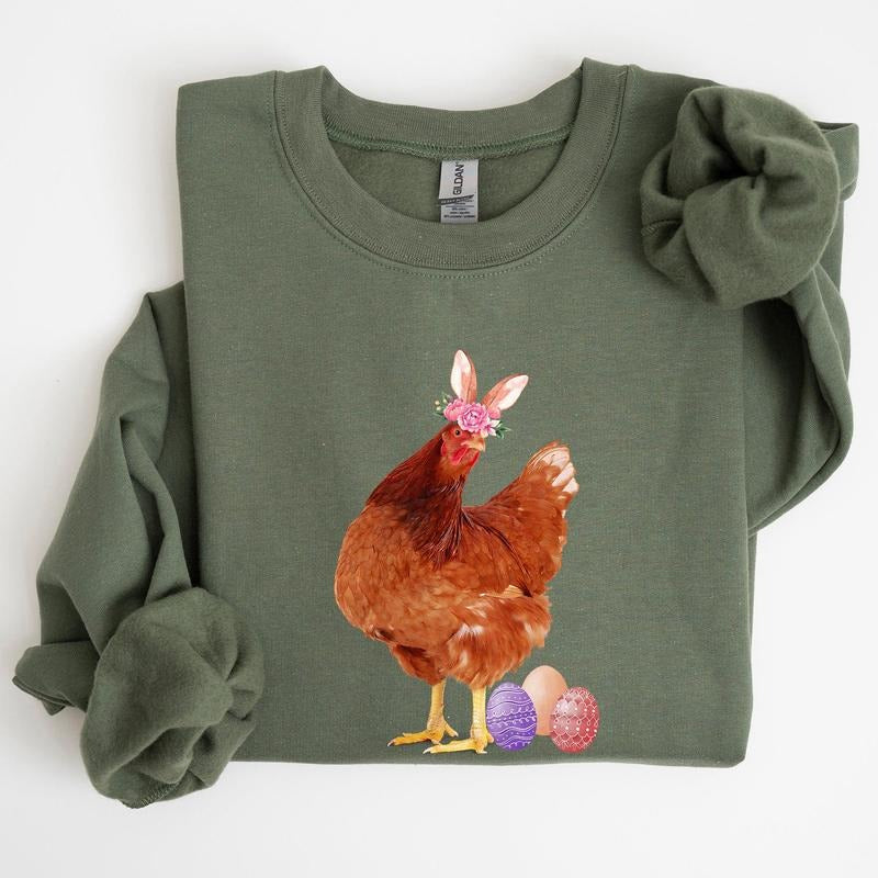Easter Chicken, Rabbit, Eggs, Funny Sweatshirt, Women's Crew Neck, Crewneck