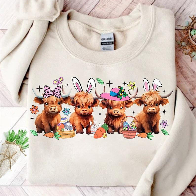 Easter Day Baby Highland Cow Shirt Sweater, Retro Easter Sweatshirt, Easter Bunny Sweatshirt, Happy Easter Sweatshirt Gift, Gifts For Family, Easter Apparel Shirt, Easter Gifts For Women Sweater, Long Sleeve Crewneck Shirt