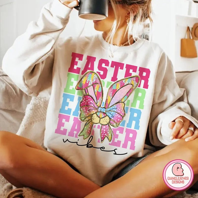 Easter vibes varsity Sweatshirt, brushstroke coquette bunny Sweatshirt, easter Sweatshirt, retro easter Sweatshirt, happy easter Sweatshirt, bunny ears coquette