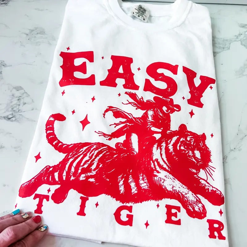 Easy Tiger Retro Cowgirl Comfy Colors Long or Short Sleeve Graphic Tee Unisex Screen Printed T-Shirt Womenswear Crewneck Casual Tshirt Top
