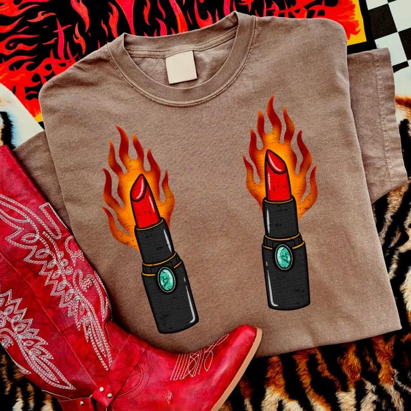 Edgy Flame Lipsticks shirt, vintage crewneck sweatshirts, western outfit women, cowgirl outfits, western clothing stuff tops, country concert outfits, western style clothes