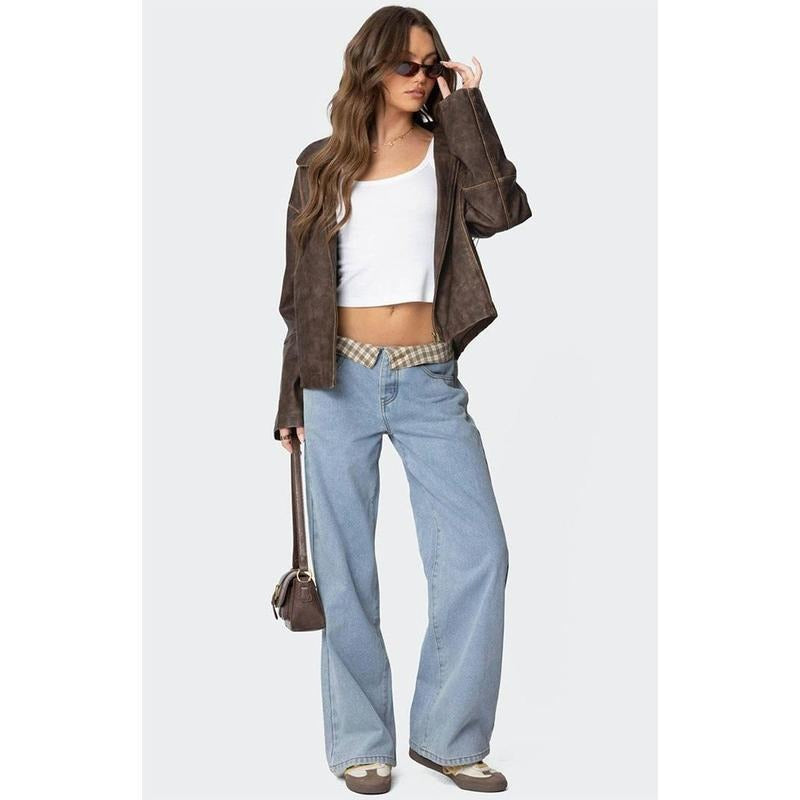 Edikted Women's Peekaboo Plaid Low Rise Jeans