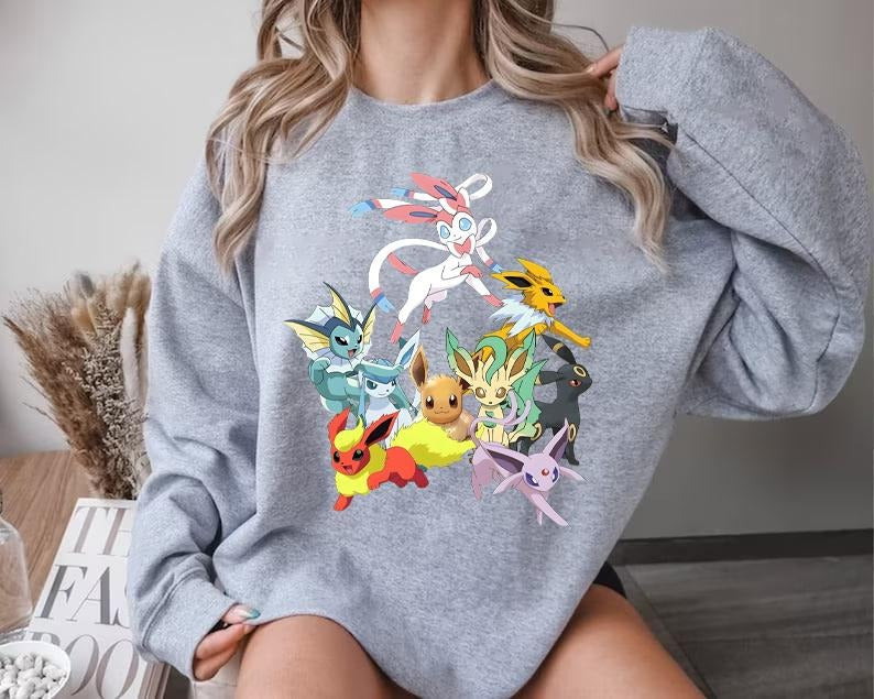 Eevee Eeveelution Sweatshirt T-Shirt Hoodie, Eevee Pokemon Shirt, Slyveon, Umbreon, Espeon, Flareon, Vintage Anime, Gift for Anime Loversstyle{n002}2