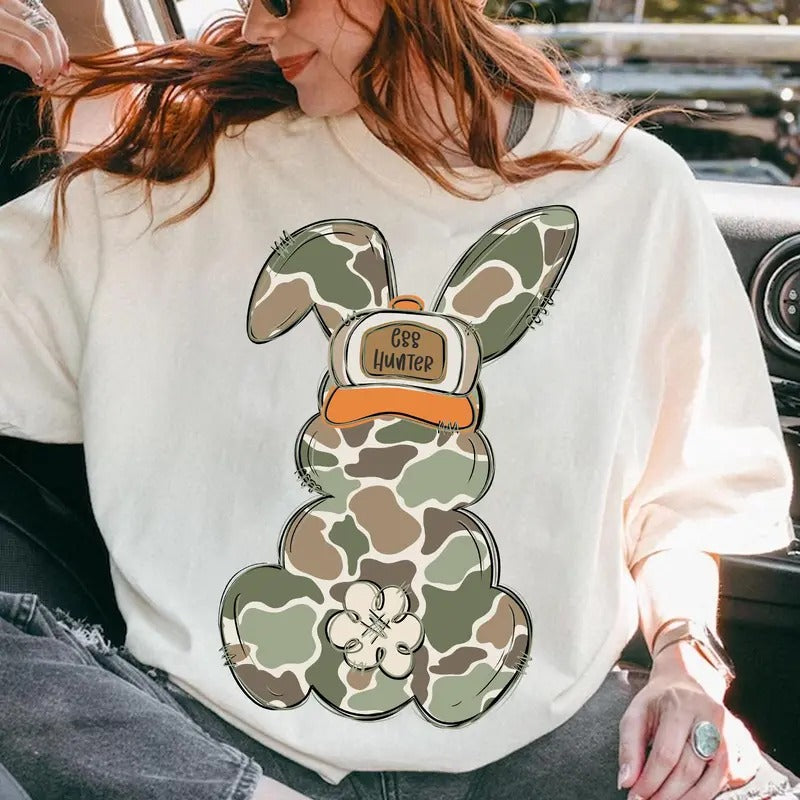 Egg Hunter Camo Easter Bunny Shirt, Oldschool Camo Bunny Easter Shirt, Bunny Easter's Day Tee, Retro Camoflage Shirt, Easter Gift