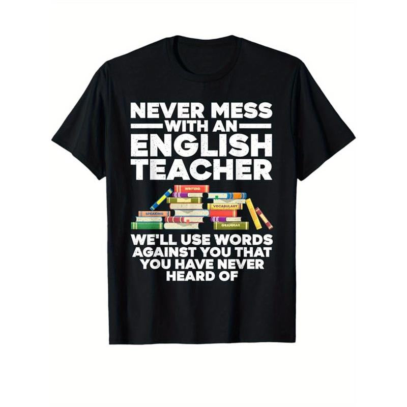 English Teacher Print, Men's Cotton T-shirt, Funny Graphic Tee Men's Outdoor Clothes, Men's Clothing, Back To School Casual Short Sleeve Crew Neck T-shirt made in usastyle{n002}10