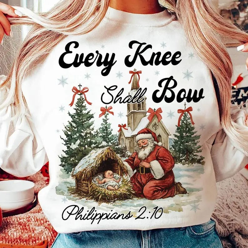 Every Knee Shall Bow sweatshirt,hoodie,tshirt, Christmas sweatshirt, Nativity Scene tshirt, Santa Christmas hoodie, Vintage Christmas sweatshirt