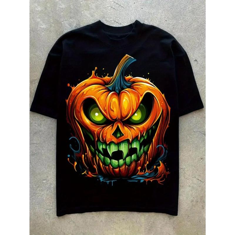 Evil pumpkin with green eye print, T-shirt with round neck for men's creative graphic design, comfortable T-shirt in summer, Halloween men's shirt. made in usa