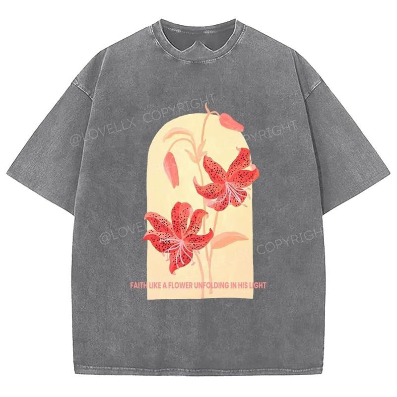 Faith Like A Flower Unfolding In His Light Unixes Washed T-Shirt, Christian Jesus t shirts, Vintage 90s Graphic Tee Gift Cotton Top Womenswear Bottom