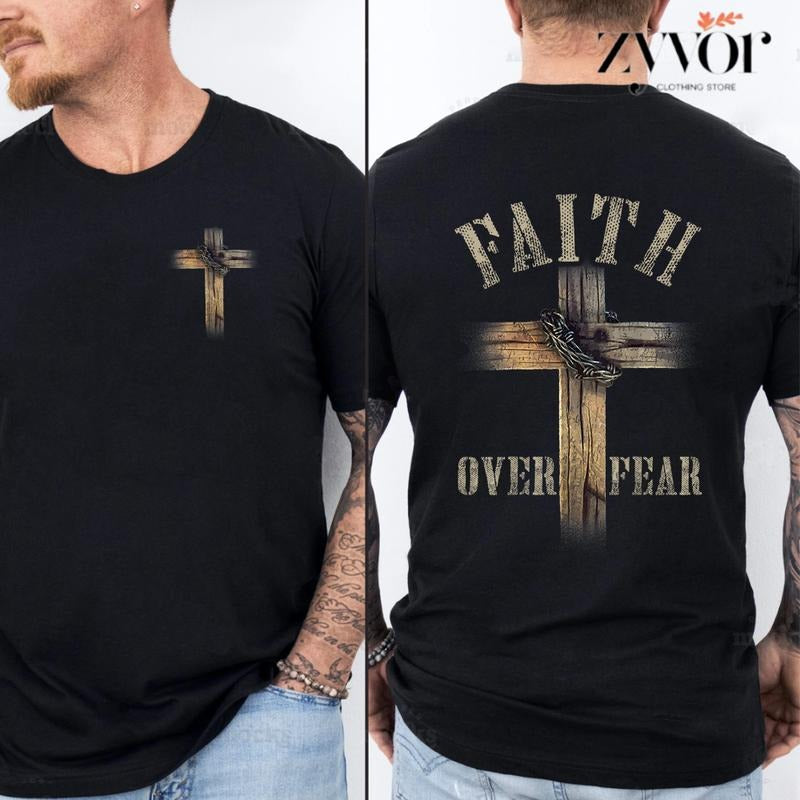Faith Over Fear American Christian Cross God Jesus 2 Side Tee Pure Cotton Casual Street Style Crew Neck Short Sleeve T-Shirt Tops Trendy for Unisex
