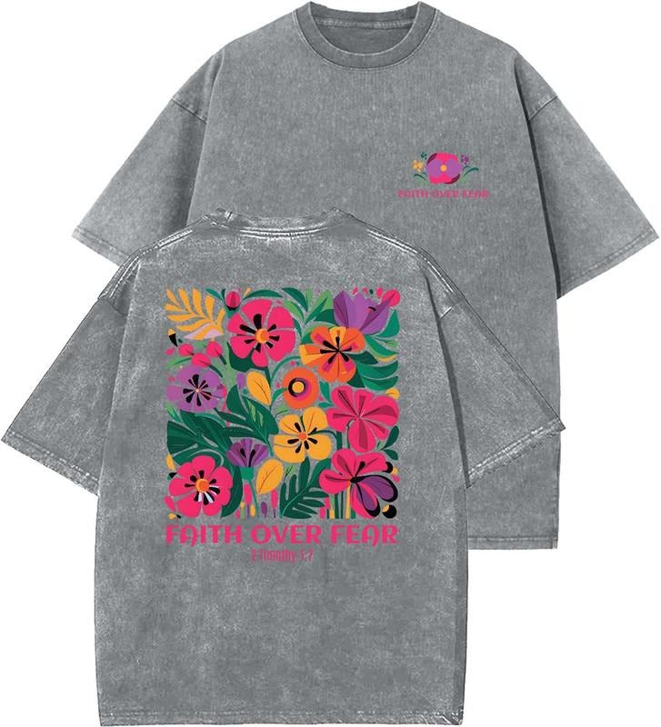 Faith Over Fear Unisex Washed T-Shirt, Christian t shirts, Vintage 90s Graphic Tee, Gift Top Womenswear Cottonstyle{n002}4