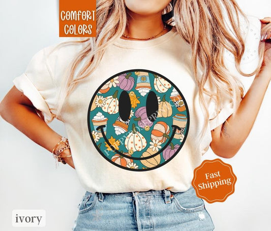 Fall Happy Face Shirt Comfort Colors, Pumpkin Spice Tshirt for Women,  Fall Season Shirt Oversized Crewneck Tee