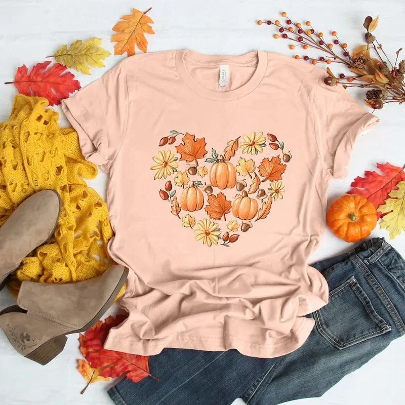 Fall Heart Shirt, Love Fall Y'All Shirt, Pumpkin Fall Shirt, Hello Pumpkin, Fall Vibes, Peace Love Thanksgiving, Family Thanksgiving Shirt Cotton Top Light Polyester