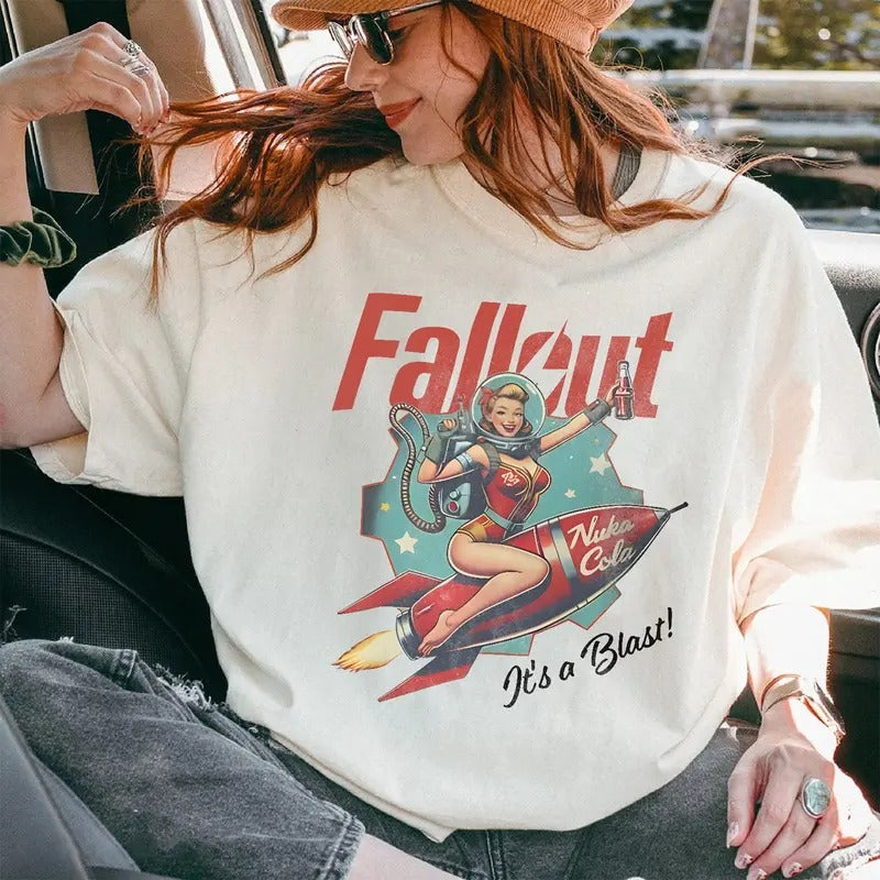 Fallout Graphic Shirt Retro Nuka Cola Bottle Cap with Vintage Ad on Back Video Game Hoodie Fall Out Vault Tec Memorabilia Merch Sweatshirt